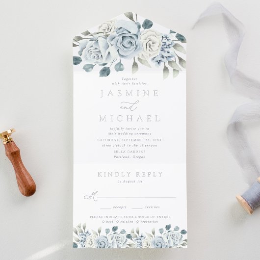 Elegant Dusty Blue Floral Foil Wedding All-in-One-Einladung