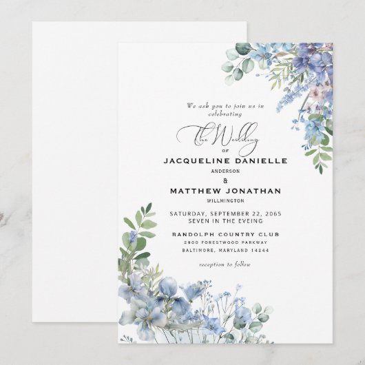Elegant Dusty Blue Floral Foliage Hochzeit Einladung (Vorne/Hinten)