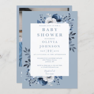 Elegant Dusty Blue Floral Foto QR Baby Shower Einladung