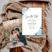 Elegant Dusty Blue Floral Foto Wedding Save The Date