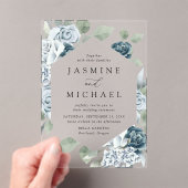 Elegant Dusty Blue Floral Frame Wedding Acryleinladungen (Insitu (Handheld))