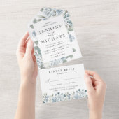 Elegant Dusty Blue Floral Frame Wedding All In One Einladung (Abreißen)