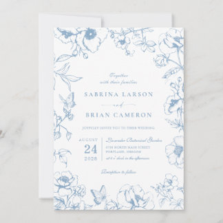 Elegant Dusty Blue Floral Garden QR Code Wedding Einladung