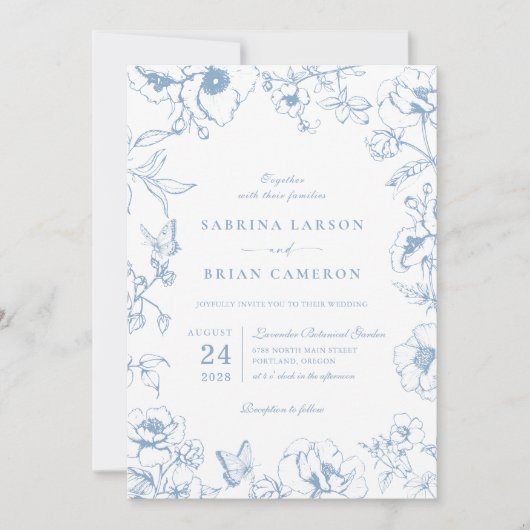 Elegant Dusty Blue Floral Garden QR Code Wedding Einladung (Vorderseite)