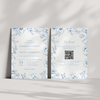 Elegant Dusty Blue Floral Garden QR Code Wedding Einladung