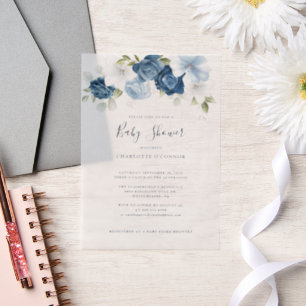 Elegant Dusty Blue Floral Girl Baby Shower Pergament Einladungen