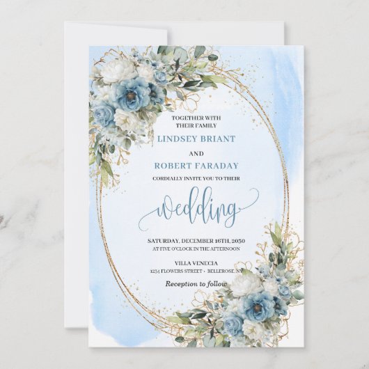 Elegant Dusty Blue Floral Gold Frame Wedding Einladung (Vorderseite)