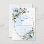 Elegant Dusty Blue Floral Gold Frame Wedding RSVP Karte (Vorderseite)