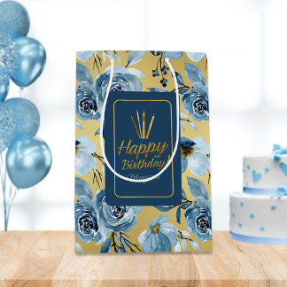 Elegant Dusty Blue Floral Gold Happy Birthday Mittlere Geschenktüte