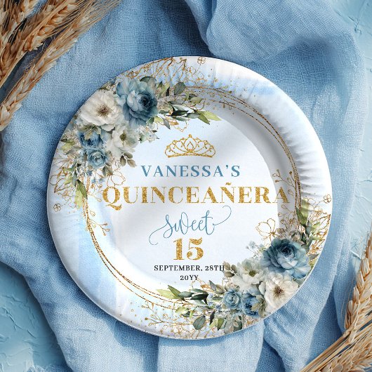 Elegant Dusty Blue Floral Gold Quinceañera Plates Pappteller