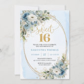 Elegant Dusty Blue Floral Gold Sweet Sixteen 16th Einladung (Vorderseite)