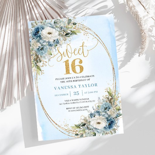 Elegant Dusty Blue Floral Gold Sweet Sixteen 16th Einladung