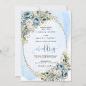 Elegant Dusty Blue Floral Gold Wedding Invitation Einladung (Vorderseite)