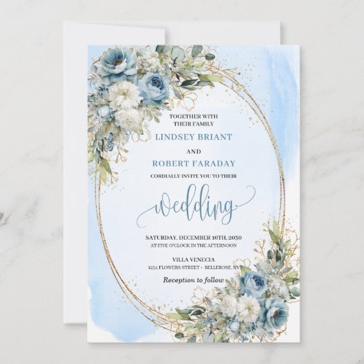 Elegant Dusty Blue Floral Gold Wedding Invitation Einladung (Vorderseite)