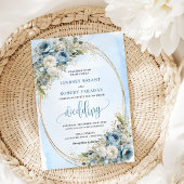 Elegant Dusty Blue Floral Gold Wedding Invitation Einladung