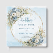 Elegant Dusty Blue Floral Gold Wedding Sign In Gästebuch (Vorderseite)