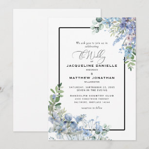 Elegant Dusty Blue Floral Greenerity Wedding Einladung