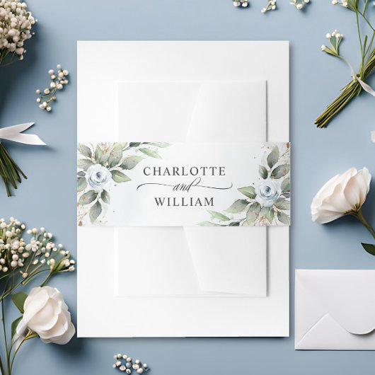 Elegant Dusty Blue Floral Greenerity Wedding Einladungsbanderole