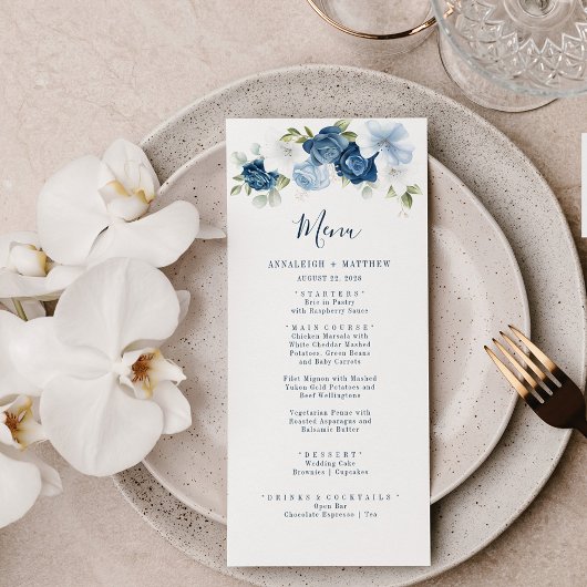 Elegant Dusty Blue Floral Greenerity Wedding Menükarte