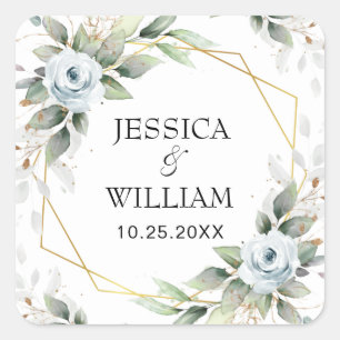 Elegant Dusty Blue Floral Greenerity Wedding Quadratischer Aufkleber