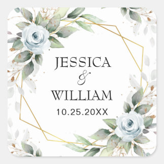 Elegant Dusty Blue Floral Greenerity Wedding Quadratischer Aufkleber
