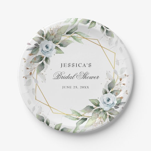 Elegant Dusty Blue Floral Greenery Brautparty Pappteller (Vorderseite)