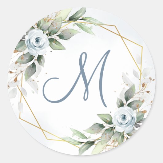 Elegant Dusty Blue Floral Greenery MONOGRAM Runder Aufkleber (Vorderseite)