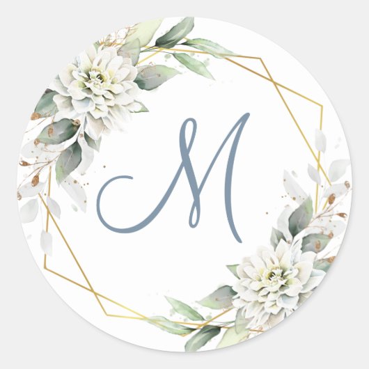 Elegant Dusty Blue Floral Greenery MONOGRAM Runder Aufkleber (Vorderseite)