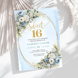 Elegant Dusty Blue Floral Greenery Sweet Sixteen Einladung