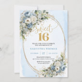 Elegant Dusty Blue Floral Greenery Sweet Sixteen Einladung (Vorderseite)