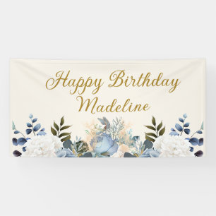 Elegant Dusty Blue Floral Happy Geburtstagsname Banner