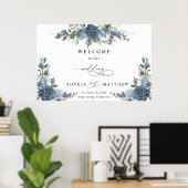 Elegant Dusty Blue Floral Horizontal Wedding Poster (Heimbüro)