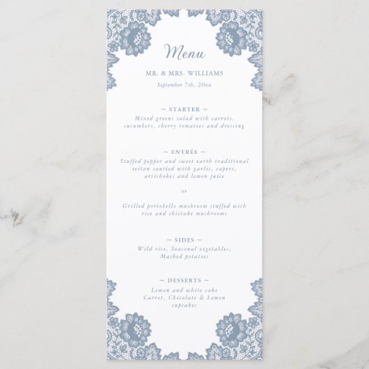 Elegant Dusty Blue Floral Lace Wedding Menükarte (Vorderseite)