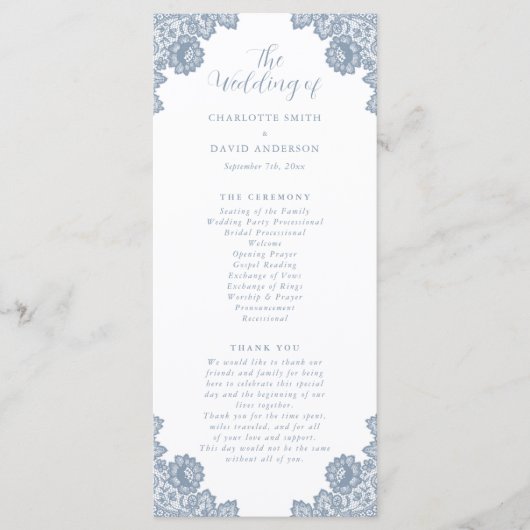 Elegant Dusty Blue Floral Lace Wedding Programm (Vorderseite)