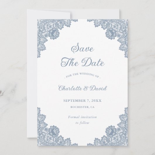 Elegant Dusty Blue Floral Lace Wedding Save The Date (Vorderseite)