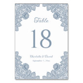 Elegant Dusty Blue Floral Lace Wedding Tischnummer (Rückseite)