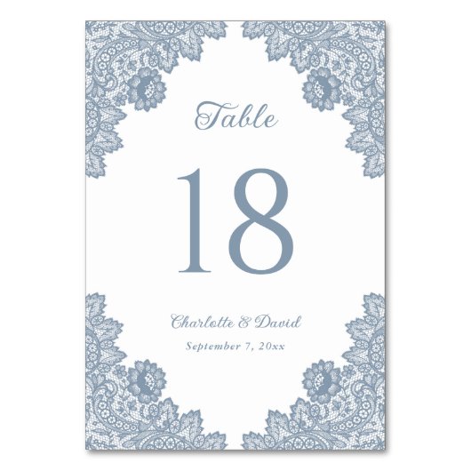 Elegant Dusty Blue Floral Lace Wedding Tischnummer (Vorderseite)