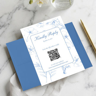 Elegant Dusty Blue Floral Line Art QR Code Wedding RSVP Karte