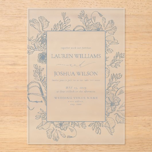Elegant Dusty Blue Floral Line Art Wedding Acryleinladungen (Vorderseite)