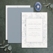 Elegant Dusty Blue Floral Line Art Wedding Einladung