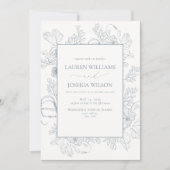 Elegant Dusty Blue Floral Line Art Wedding Einladung (Vorderseite)
