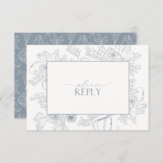 Elegant Dusty Blue Floral Line Art Wedding QR Code RSVP Karte (Vorne/Hinten)
