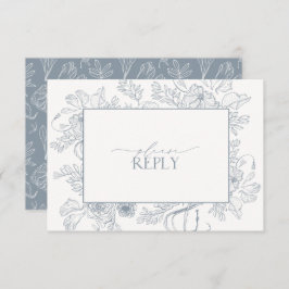 Elegant Dusty Blue Floral Line Art Wedding QR Code RSVP Karte