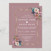 Elegant Dusty Blue Floral Misty Rose Gold Wedding Einladung (Vorne/Hinten)