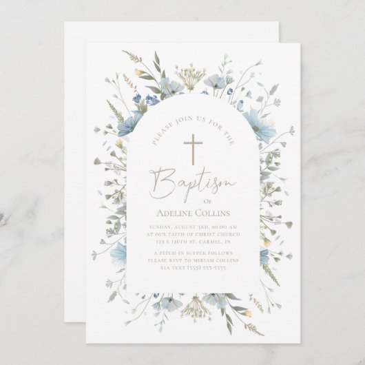 Elegant Dusty Blue Floral mit Script-Taufe Einladung (Vorne/Hinten)