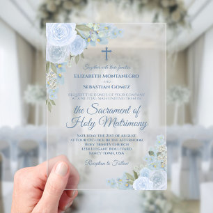 Elegant Dusty Blue Floral Moderne katholische Hoch Acryleinladungen