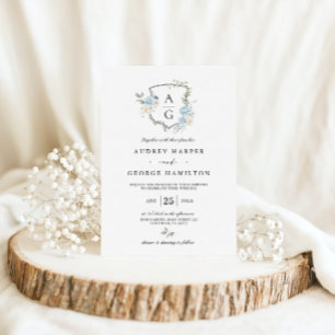 Elegant Dusty Blue Floral Monogram Wappen Wedding Einladung