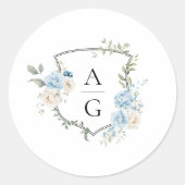 Elegant Dusty Blue Floral Monogram Wappen Wedding Runder Aufkleber (Vorderseite)