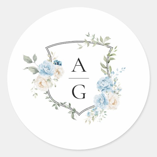 Elegant Dusty Blue Floral Monogram Wappen Wedding Runder Aufkleber (Vorderseite)