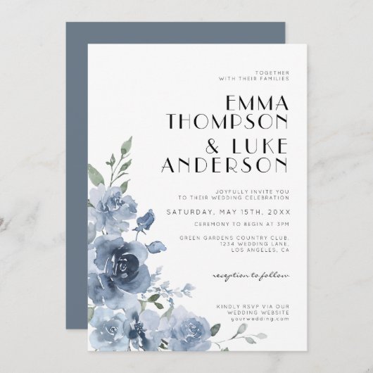 Elegant Dusty Blue Floral Pastel Wedding Einladung (Vorne/Hinten)